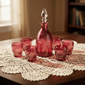 May include: A ruby red glass decanter with a clear glass stopper and five matching ruby red glass tumblers. Each piece features an etched floral and leaf pattern. The decanter has a tapered neck and a rounded body, while the tumblers are short.