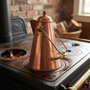 May include: A polished copper kettle with a conical body, a small lid with a round knob, and a curved brass handle. The kettle features a short spout and sits on a black cast iron stove surface, with visible steam rising from the top of the lid.