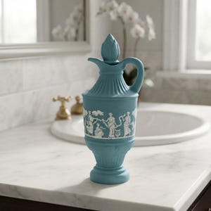 May include: A matte light blue ceramic ewer featuring a lid with a pointed finial, a curved handle, and a white relief band depicting a classical scene with figures in flowing garments, set against a smooth, solid-colored body.