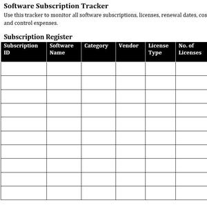 Könnte beinhalten: Ein schwarz-weißes Dokument mit dem Titel "Software-Abonnement-Tracker" mit einer Tabelle mit der Bezeichnung "Abonnement-Register". Die Tabelle enthält Spalten für Abonnement-ID, Softwarename, Kategorie, Anbieter, Lizenztyp, Anzahl der Lizenzen, Startdatum, Verlängerungsdatum, Abrechnungszyklus, Kosten, Zugewiesen an und Status.