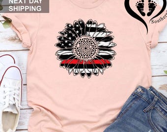 Firefighter Sunflower Shirt,Firefighter Shirts for Women,Firefighter Wife Shirt,Firefighter Mom Gift,Fire Department Tee,Back The Red Shirt