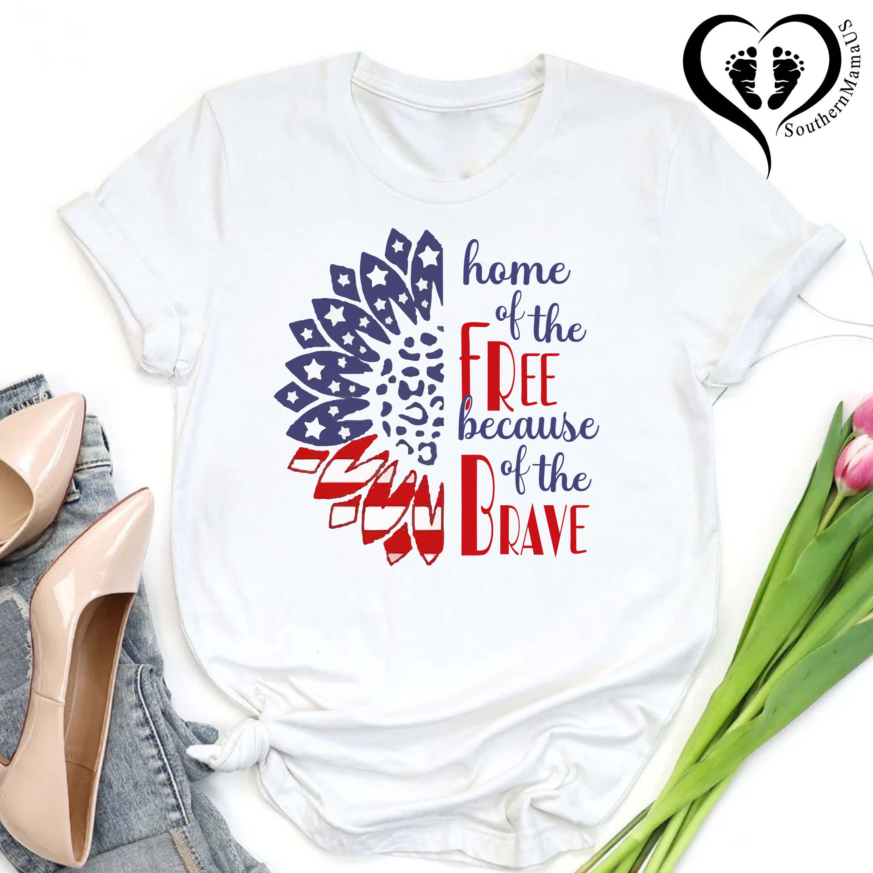 YourTops Women's 'Home Of The Free Because Of The Brave' American Flag T-Shirt - Patriotic Graphic Tee
