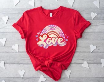 Retro Love Rainbow T-Shirt, Groovy Valentine’s Day Shirt for Women, Aesthetic Boho Gift