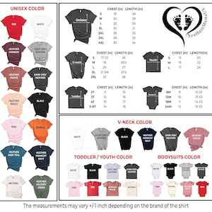 Puede incluir: Una imagen del producto que muestra una variedad de colores y estilos de camisetas, incluyendo opciones unisex, cuello en V, para ni&ntilde;os peque&ntilde;os, j&oacute;venes y bodies. La imagen incluye una tabla de tallas con medidas de pecho y largo en pulgadas. El texto "Southern Mama" es visible.