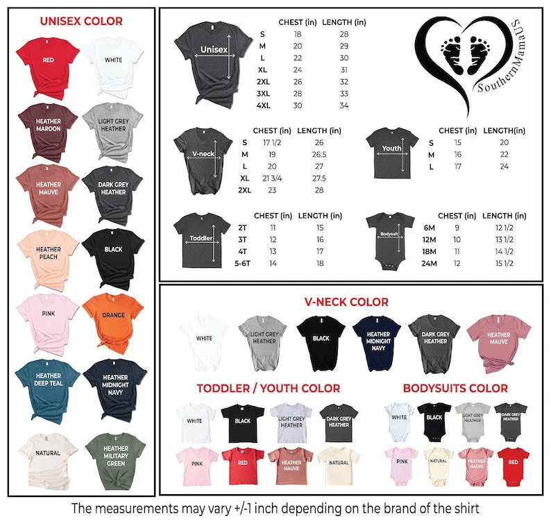 Puede incluir: Una imagen del producto que muestra una variedad de colores y estilos de camisetas, incluyendo opciones unisex, cuello en V, para ni&ntilde;os peque&ntilde;os, j&oacute;venes y bodies. La imagen incluye una tabla de tallas con medidas de pecho y largo en pulgadas. El texto "Southern Mama" es visible.