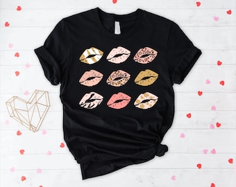 Retro Patterned Lips T-Shirt, Leopard Print Kiss Tee, Western Valentine's Day Gift