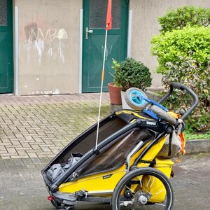 Könnte beinhalten: Ein gelb-schwarzer Thule Sport Fahrradanhänger mit einer langen weißen Stange und einer leuchtend roten Sicherheitsfahne. Der Anhänger verfügt über zwei große Hinterräder, ein kleineres schwenkbares Vorderrad und ein seitliches Netzfenster.