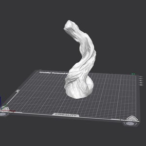 May include: A white 3D printed sculpture of a twisted, organic shape, resembling a tree branch or a piece of driftwood. The sculpture is on a black and white gridded surface.
