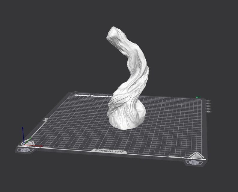 May include: A white 3D printed sculpture of a twisted, organic shape, resembling a tree branch or a piece of driftwood. The sculpture is on a black and white gridded surface.