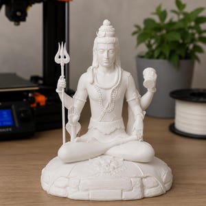 Könnte beinhalten: Eine weiße Statue einer sitzenden Gottheit, die einen Dreizack und eine kleine Tasse hält. Die Figur hat mehrere Arme und ist mit Schmuck geschmückt. Die Statue steht auf einem dekorativen Sockel, und der Hintergrund umfasst einen 3D-Drucker und eine Topfpflanze.