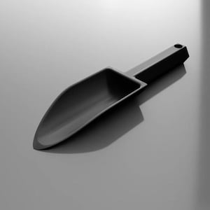May include: A dark gray garden scoop with a long handle and a rounded scoop. The scoop has a hole at the end of the handle. The scoop is made of a smooth, matte material.