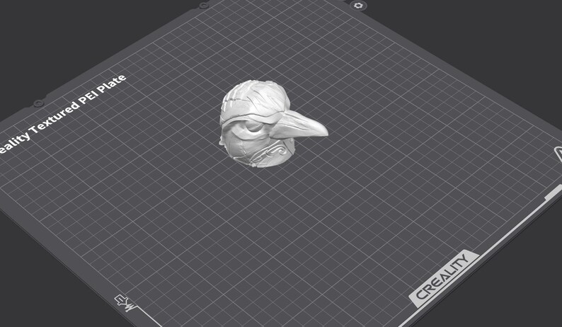 May include: A 3D printed model of a bird head with a long beak. The model is printed in white plastic and has a textured surface. The model is sitting on a gray textured surface with a grid pattern.