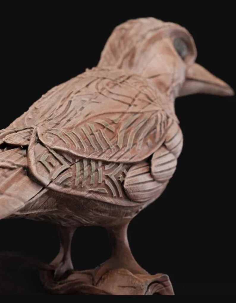 May include: A detailed clay sculpture of a bird with intricate patterns and textures. The bird is brown and has a long beak. The sculpture is a unique and artistic piece.