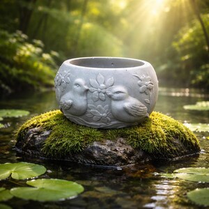 May include: A grey, round planter featuring embossed bird and floral designs. The planter is placed on a moss-covered rock in a pond. The background shows a tranquil outdoor scene with sunlight filtering through the trees.