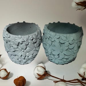 Peut inclure: Deux pots de fleurs bleu-gris avec un motif floral. Les pots sont ronds avec une surface texturée et sont décorés de fleurs en relief. Les pots sont vides et prêts à être plantés. Des boules de coton et des gousses sont en arrière-plan.