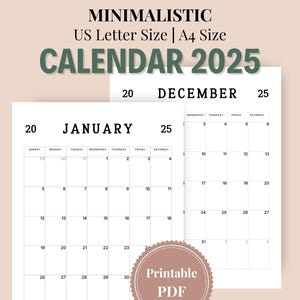 2025 Simple Minimalist Calendar Portrait Monthly Planner Elegant Minimalist Monthly Calendar PDF A4 US Letter Size Sunday Start