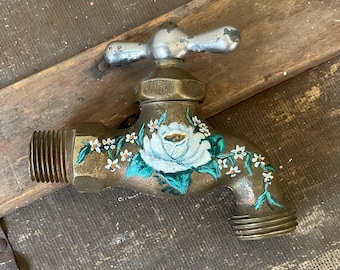 Hand painted garden spigot, brass hose bib fixture  with floral detail hand painted, artist signed. Garden art, gardener gift, secret garden