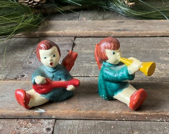 Par de figuritas de ángeles de cerámica vintage, inspiradas en Goebel Hummel, decoración navideña