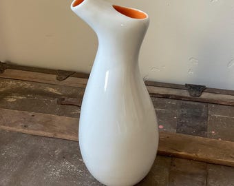 Rare! Vintage orange and white carafe, armless pitcher, jug, mid-century modern style, retro vibe, funky, unique, sleek design, very unique!