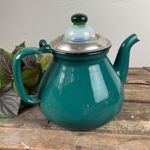 Antique, French Samphire green enameled kettle with two colored opaline glass percolator style knob, late 1800s-1920s.
