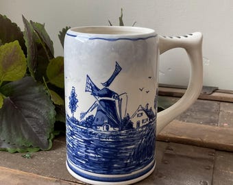Delft Blauw, vintage Delft Blue hand painted beer mug, tankard, stein with Windmill scene.