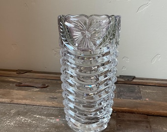 Anna Hutte lead crystal vase, crystal clear ridges and hand painted Rose Petals design