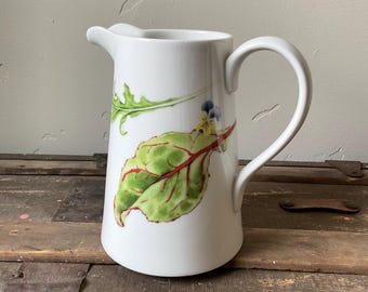 Ceramic Wedgwood “Chelsea Garden” pitcher, discontinued pattern, botanical design by English artist Mary Woodin, functional kitchen decor.