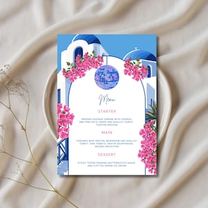 Menù modificabile per addio al nubilato "Mamma Mia", matrimonio con la regina della danza greca, modello personalizzato per addio al nubilato, download digitale A104