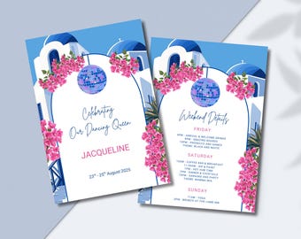 May include: Two invitation cards with a Greek island theme. The cards feature white buildings with blue domes, pink flowers, and a disco ball. The text reads "Celebrating Our Dancing Queen" and "Weekend Details". The date is August 23rd-25th, 2025.