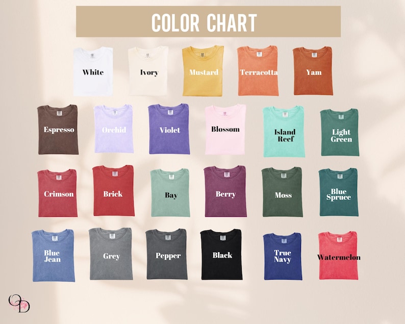 May include: A color chart featuring a variety of t-shirts in different colors. The colors include white, ivory, mustard, terracotta, yam, espresso, orchid, violet, blossom, island reef, light green, crimson, brick, bay, berry, moss, blue spruce, blue jean, grey, pepper, black, true navy, and watermelon.