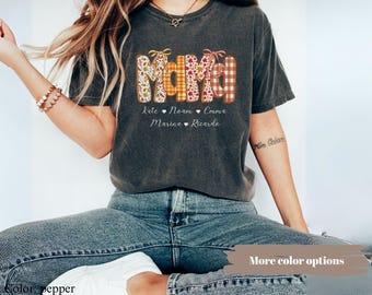 Personalized Fall Floral Mama Sweatshirt, Comfort Colors® Mom Shirt With Kids Names, Retro Patchwork Gift For Mom, Custom Grandma Sweater