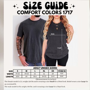 May include: Size guide for Comfort Colors 1717 shirts. The image shows a man and woman wearing dark gray t-shirts. The size chart provides measurements in inches for adult unisex sizing, including width and length for sizes S to 2X and XS baby tee. The text "ONLY SHIRTS" is on the sides.