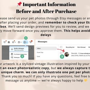 May include: A graphic with text about Etsy order instructions. It includes a screenshot of Etsy messages, a profile view, and a message from a seller. The text emphasizes checking the Etsy inbox and sending pet photos.