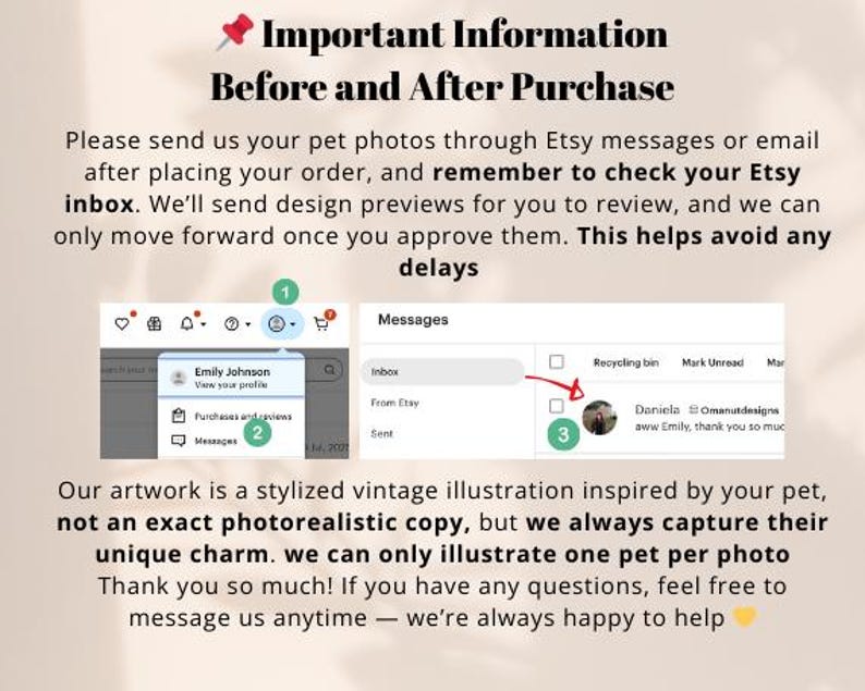 May include: A graphic with text about Etsy order instructions. It includes a screenshot of Etsy messages, a profile view, and a message from a seller. The text emphasizes checking the Etsy inbox and sending pet photos.