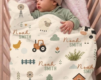 Custom Blanket With Name, Personalized Farm Baby Boy Gift, Baby Hospital Outfit Farm Blanket Boy, Newborn Keepsake,Newborn Hospital Blanket