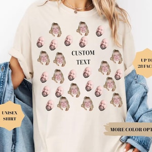May include: Ivory unisex shirt with a custom text area and multiple faces printed on the front. The shirt has rolled-up sleeves and is paired with a denim jacket. Text on the shirt reads "CUSTOM TEXT" and "UP TO 28 FACES".