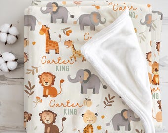 Personalized Safari Animal Baby Blanket, Custom Name Jungle Swaddle, Newborn Boy Gift, Elephant Giraffe Nursery Decor, Soft Baby Throw