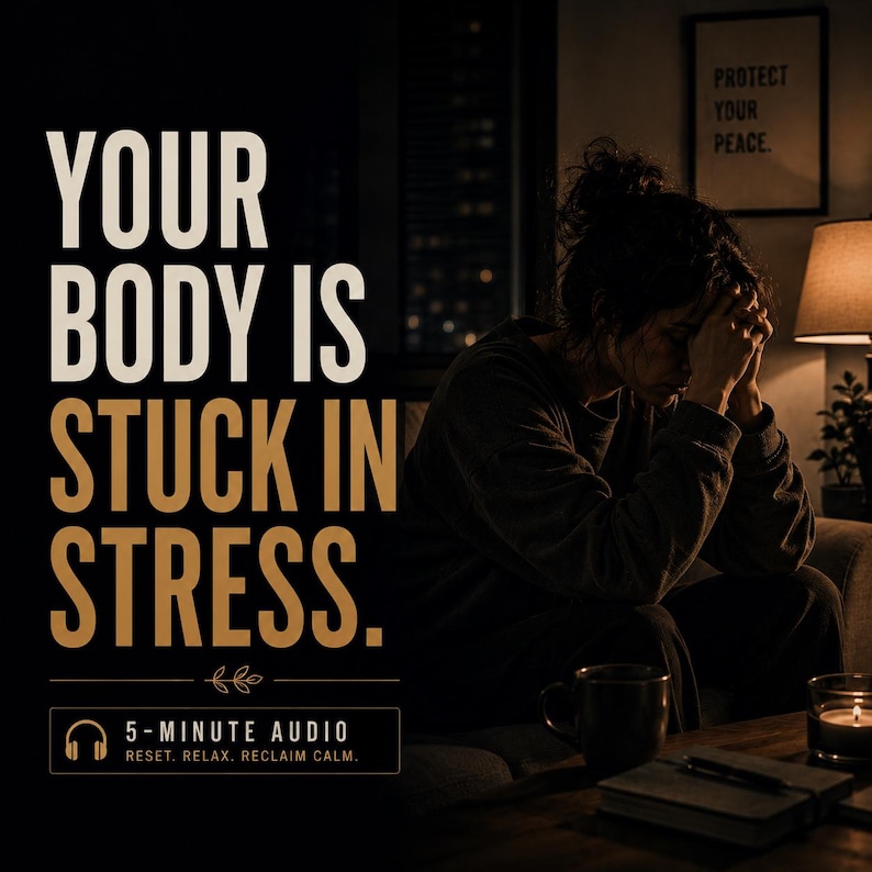 May include: Image with text: "YOUR BODY IS STUCK IN STRESS." and "5-MINUTE AUDIO: RESET, RELAX, RECLAIM CALM." A person sits with their head in their hands. A framed print reads "PROTECT YOUR PEACE." A mug, candle, and book are visible.