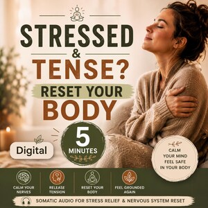 May include: Digital audio advertisement with the text "Stressed & Tense? Reset Your Body." The image features a woman with her eyes closed, embracing herself. The ad promises stress relief in 5 minutes, with icons for calming nerves, releasing tension, and feeling grounded.
