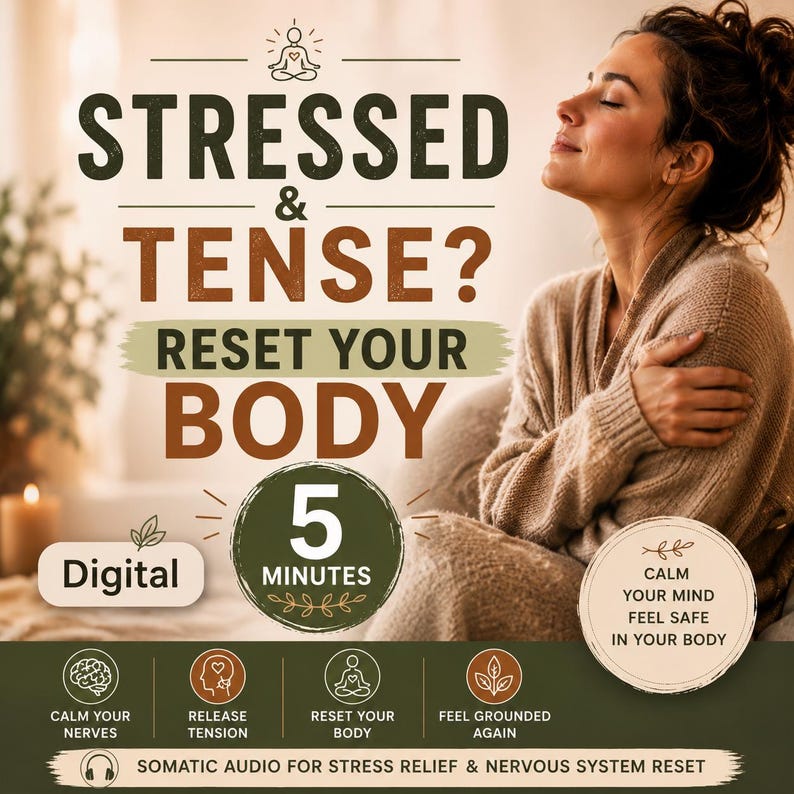 May include: Digital audio advertisement with the text "Stressed & Tense? Reset Your Body." The image features a woman with her eyes closed, embracing herself. The ad promises stress relief in 5 minutes, with icons for calming nerves, releasing tension, and feeling grounded.