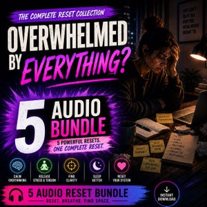 Op de afbeelding: Een advertentie voor een audiobundel getiteld "Overweldigd door alles?" met een gestreste persoon aan een bureau. De bundel bevat 5 audio resets voor stress, slaap en helderheid. De tekst bevat "Direct downloaden."