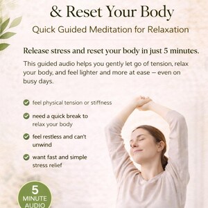 May include: Digital download advertisement for a guided meditation audio program. The text reads "Release Stress & Reset Your Body" and "Quick Guided Meditation for Relaxation." A woman is shown with her arms raised. The ad promises stress relief in 5 minutes.