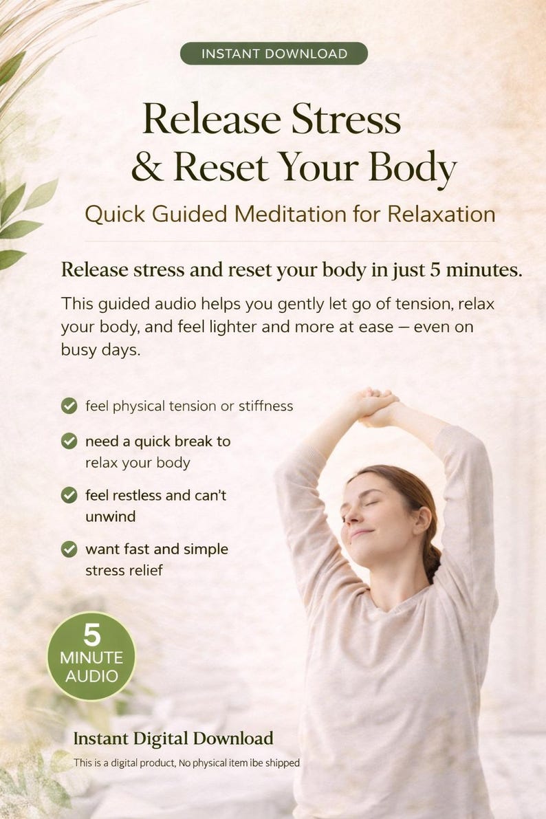 May include: Digital download advertisement for a guided meditation audio program. The text reads "Release Stress & Reset Your Body" and "Quick Guided Meditation for Relaxation." A woman is shown with her arms raised. The ad promises stress relief in 5 minutes.