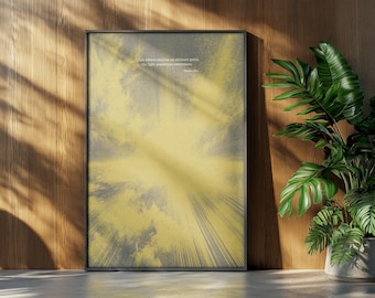 May include: Framed art print with a yellow and grey abstract design. The artwork features a textured, sunburst-like pattern with the quote, "When silence reaches an ultimate point, the light penetrates everywhere." A decorative piece for home decor.