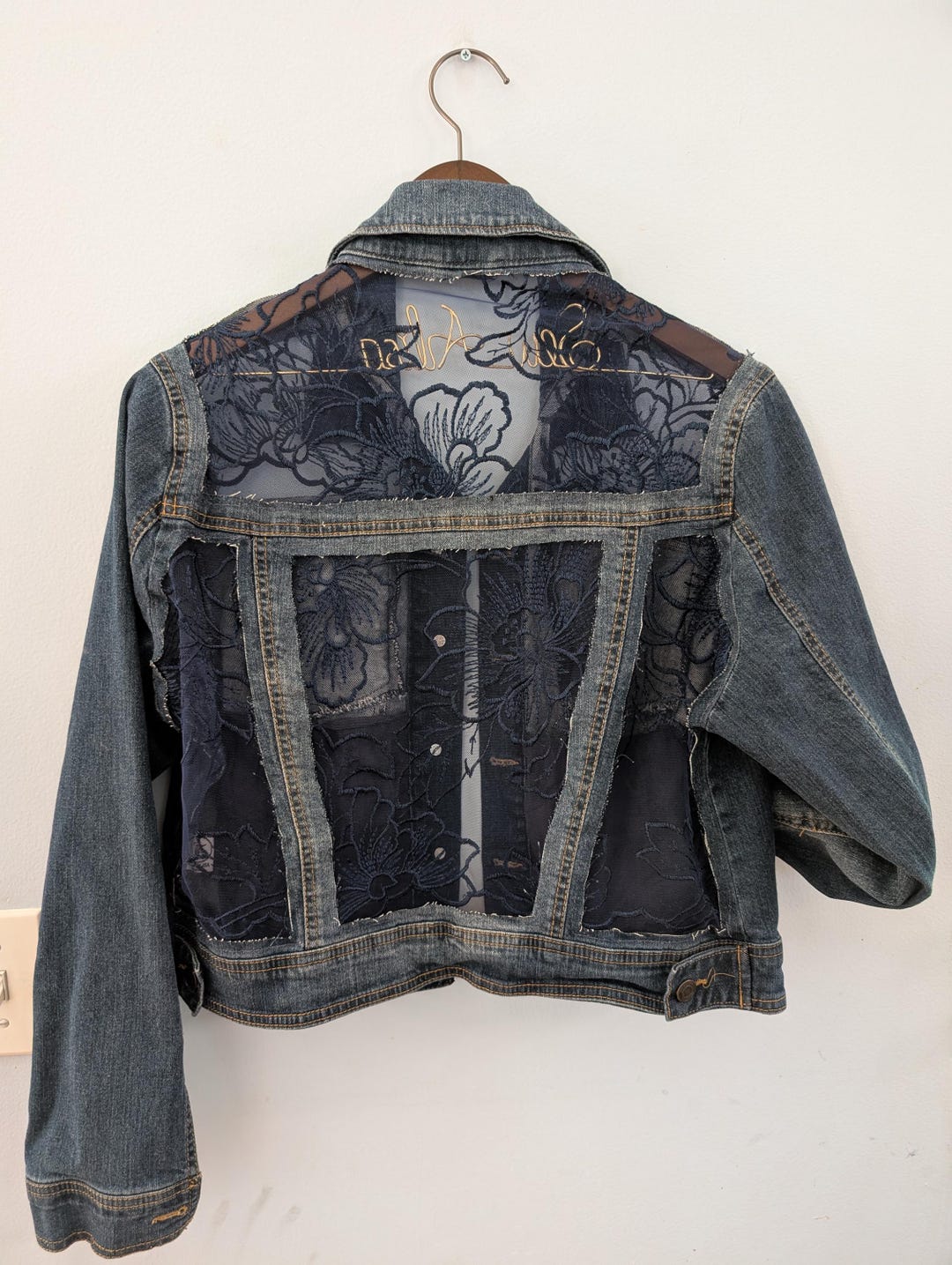 Classic Denim Jacket With Floral Embroidered Mesh, Floral Lace 