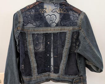 Classic Denim Jacket With Floral Embroidered Mesh, Floral Lace