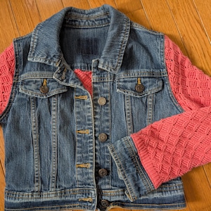 Kids denim jacket with pink knit sweater, upcycled pink knit jean jacket