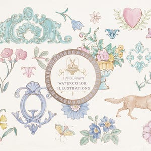 Conjunto de ilustraciones de acuarela dibujadas a mano de patinaviestudios, iconos de jardín caprichosos, dibujos rococó, iconos de boda, flores de cabaña