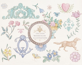 Hand Drawn Watercolor Garden Clipart, Rococo Style (PNG Digital Download)