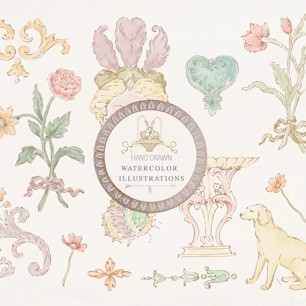Watercolor Clipart Set, French Icons, Floral, Dog (Digital Download)